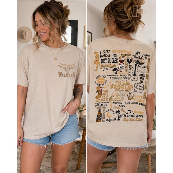 Gildan Tops - Morgan Wallen Im The Problem Song Lyric Graphic T-Shirt Sand Beige Medium
